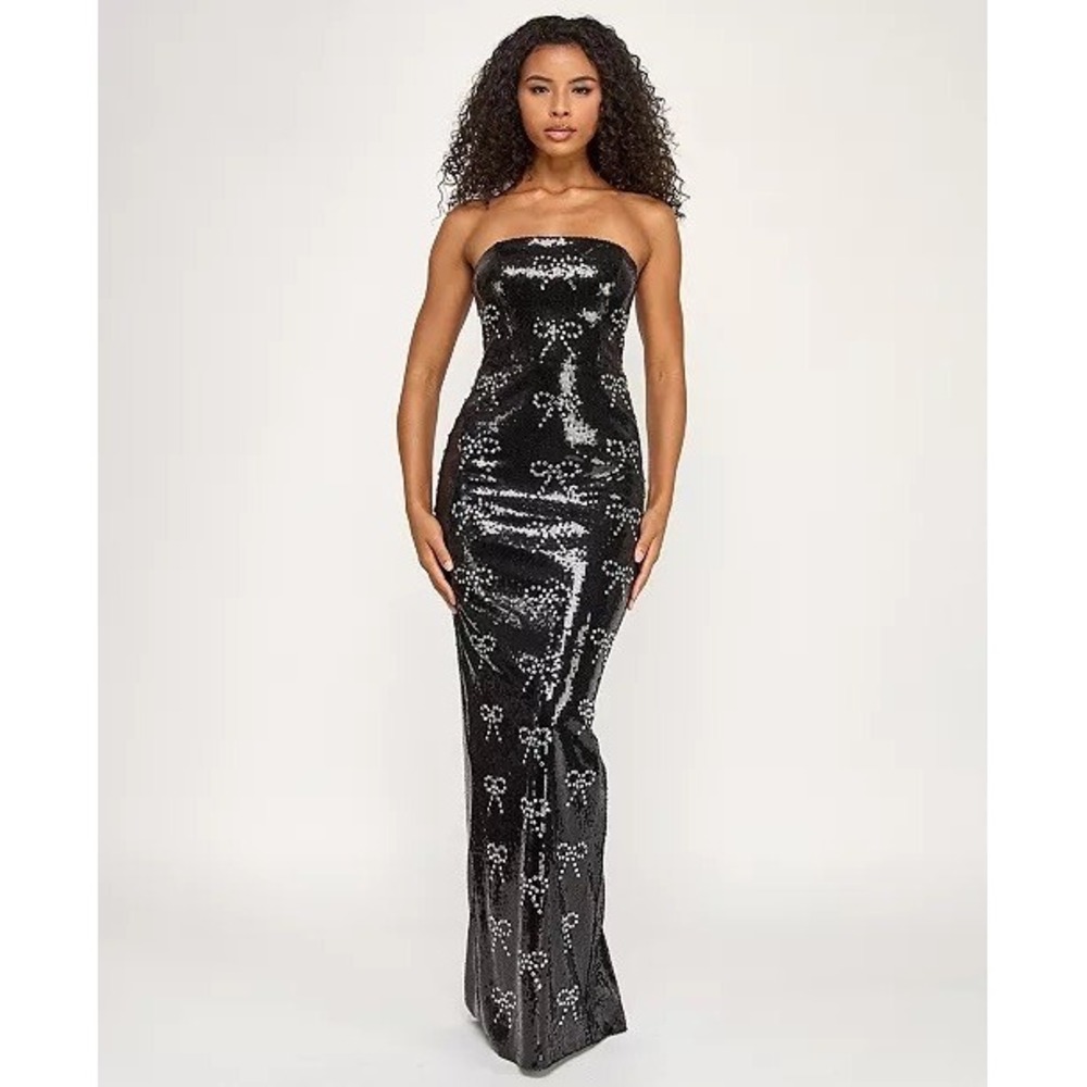NWT SENI & CADE Juniors' Bow Sequin Strapless Long Gown XS $149